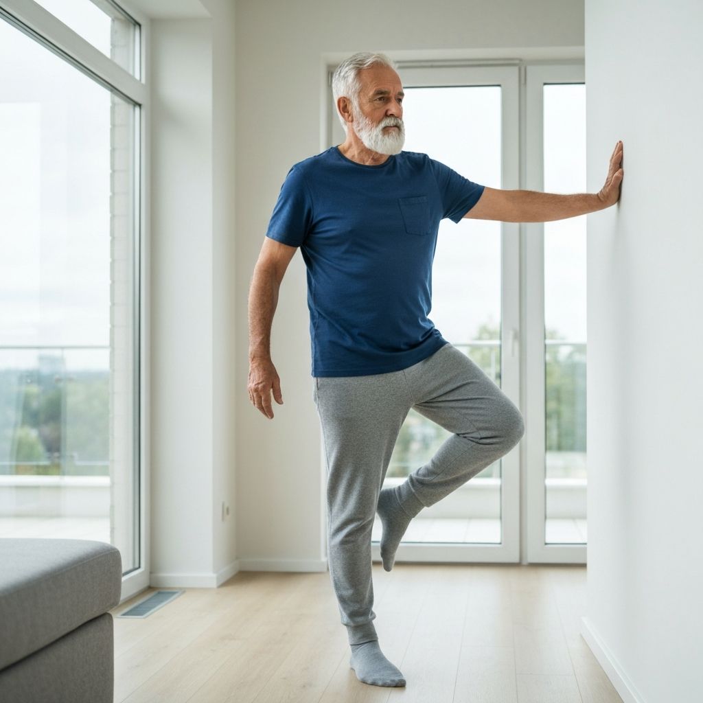 Senior practicing balance exercise with support