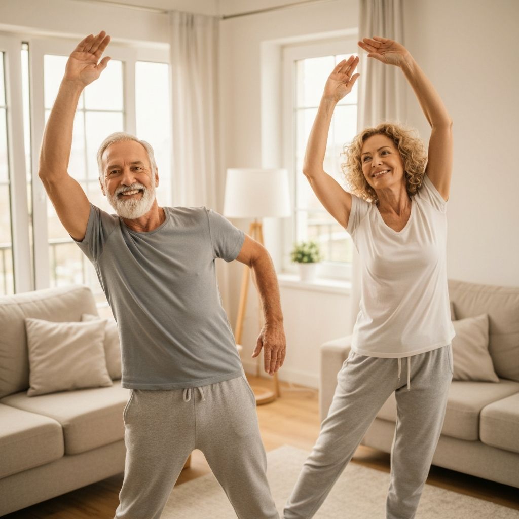 Seniors performing gentle stretching exercises at home