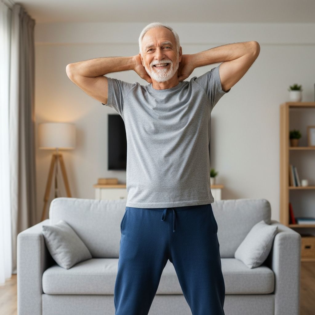 Senior demonstrating neck and shoulder stretching position